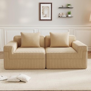 QingMoon Loveseat Boneless Sofa, Modular Deep Seat Couch, Comfy Corduroy Fabric Sofa with Throw Pillows for Living Room, Apartment - 1 of 4