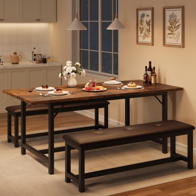 Dining Table Set for 4-6, 63" Large Extendable Dining Room Table Set for 6, Wood Rectangle Kitchen Table with 2 Soft Benches