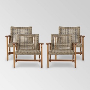Hampton 4pk Wicker Mid-Century Club Chairs: Acacia Wood & Iron Frame - Christopher Knight Home - 1 of 4