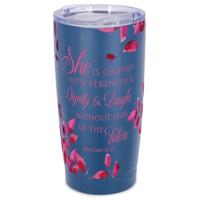 Elanze Designs 20 oz Stainless Steel On the Go Insulated Travel Tumbler With Push Top Lid, Clothed With Strength & Dignity Bible Verse Blue