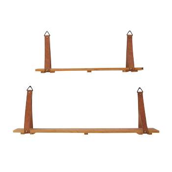 Set of 2 Wood 2 Wall Shelves with Faux Leather Straps Brown - CosmoLiving by Cosmopolitan