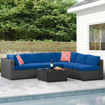 ELJGET Patio Furniture Set, 7 PCS Wicker Outdoor Conversation Set with Coffee Table for Backyard, Poolside, Garden, Navy Blue Cushions