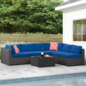 ELJGET Patio Furniture Set, 7 PCS Wicker Outdoor Conversation Set with Coffee Table for Backyard, Poolside, Garden, Navy Blue Cushions - 1 of 4