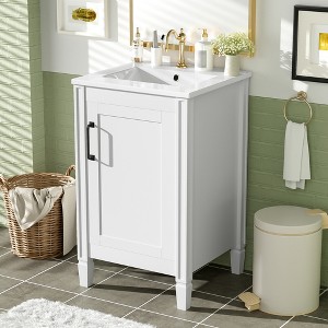KWPZQEB 20" Bathroom Vanity with Ceramic Sink, Modern Freestanding Vanity with Doors & Shelf, Floor Storage Cupboard with Racks for Small Spaces - 1 of 4