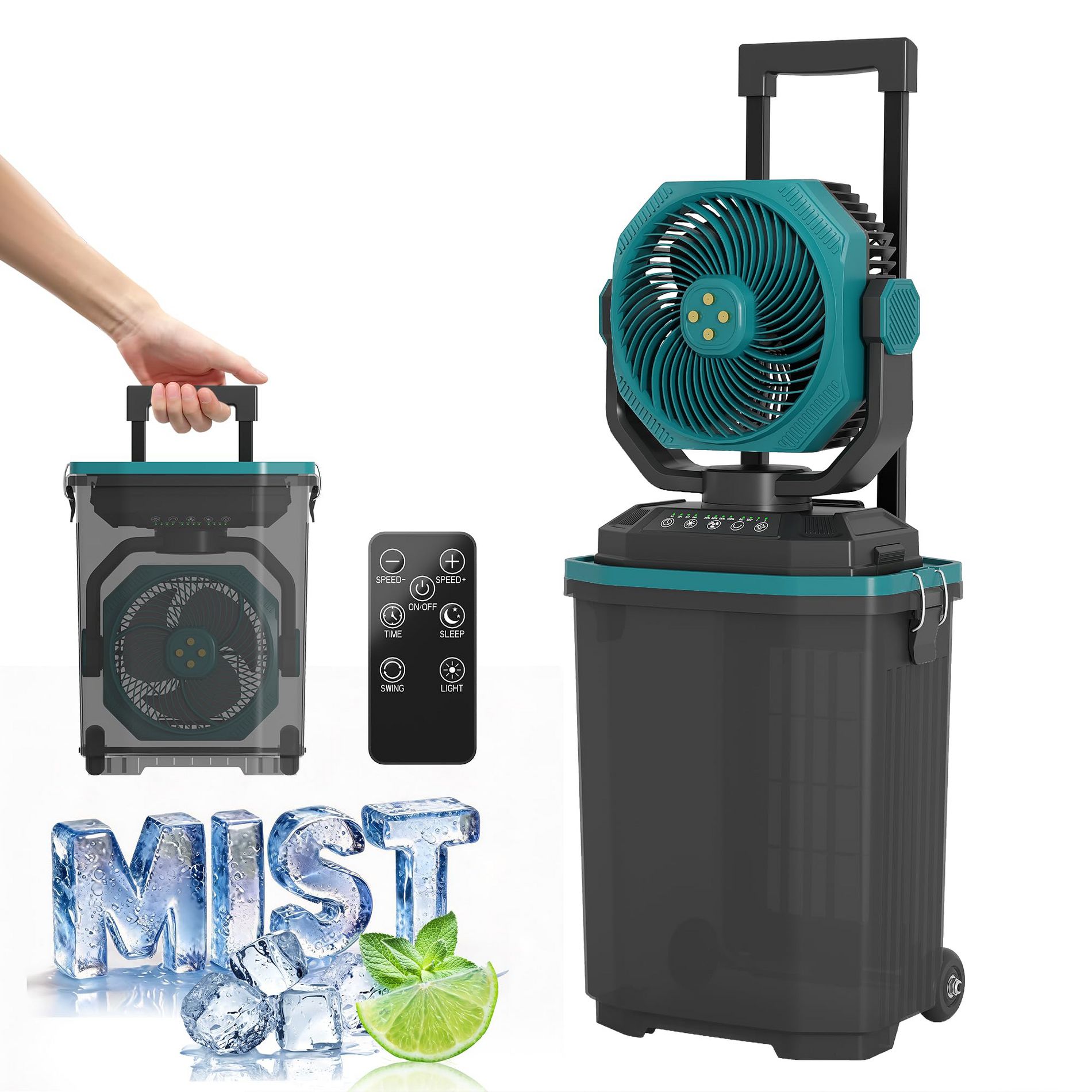 4 Gallon Battery Powered Misting Fan 30000mAh Rechargeable Portable Oscillating Outdoor Cooler with Wheels & Retractable Handle Remote Control Campin