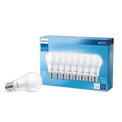 Philips LED 100W Frosted Daylight A19 8-Pack (Non-T20): 1500 Lumens, 5000K, E26 Base, 10-Year Life, Damp Location Suitable