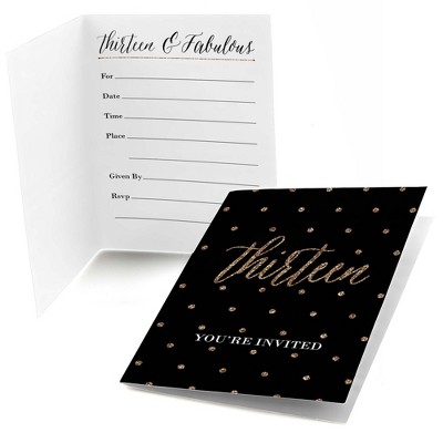 Big Dot of Happiness Chic 13th Birthday - Black and Gold - Fill-In Birthday Party Invitations (8 count)