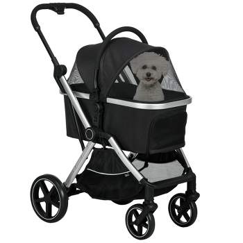 PawHut 2-in-1 Pet Stroller for Small Dogs and Cats, Folding Dog Stroller with Storage Basket, Removable Carriage, Cushion, Safety Leashes, Black