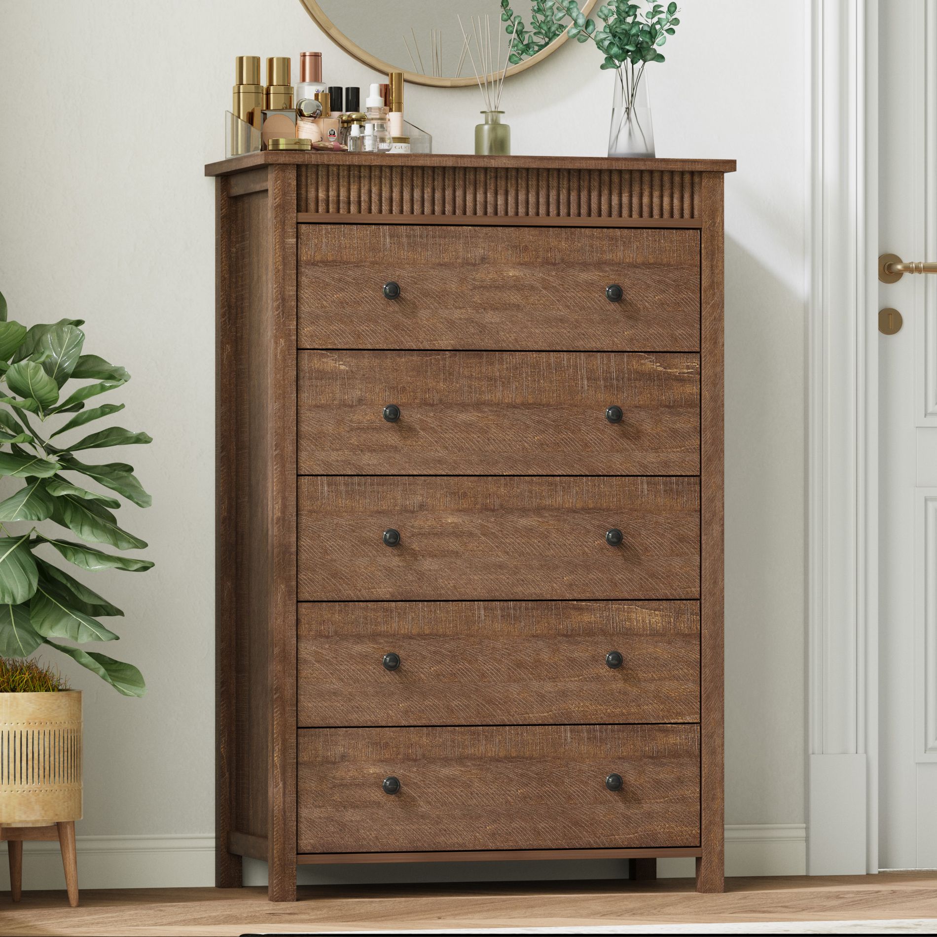 Fluted 5 Drawer Dresser, Walnut 5 Chest of Drawers Nightstand with Fluted Design, 48in Tall Wooden Dresser Closet for Bedroom Living Room Nursery