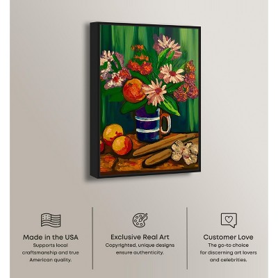 Art Remedy Floral Vase and Fruits Painting on Canvas with Black Frame