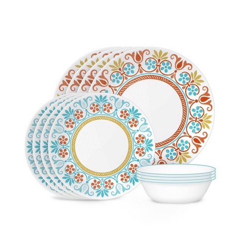 Corelle 12pc Vitrelle Terracotta Dinnerware Set Abstract Pattern Service for 4 Includes Plates Bowls Dishwasher Safe