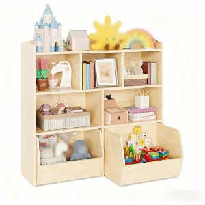 Toy Storage Organizer, Wood Open Bookcase with 2 Drawers, 5 Cubbies Toy Storage Cabinet, Floor Storage Chest for Playing Room, White Special Drawer - 1 of 4