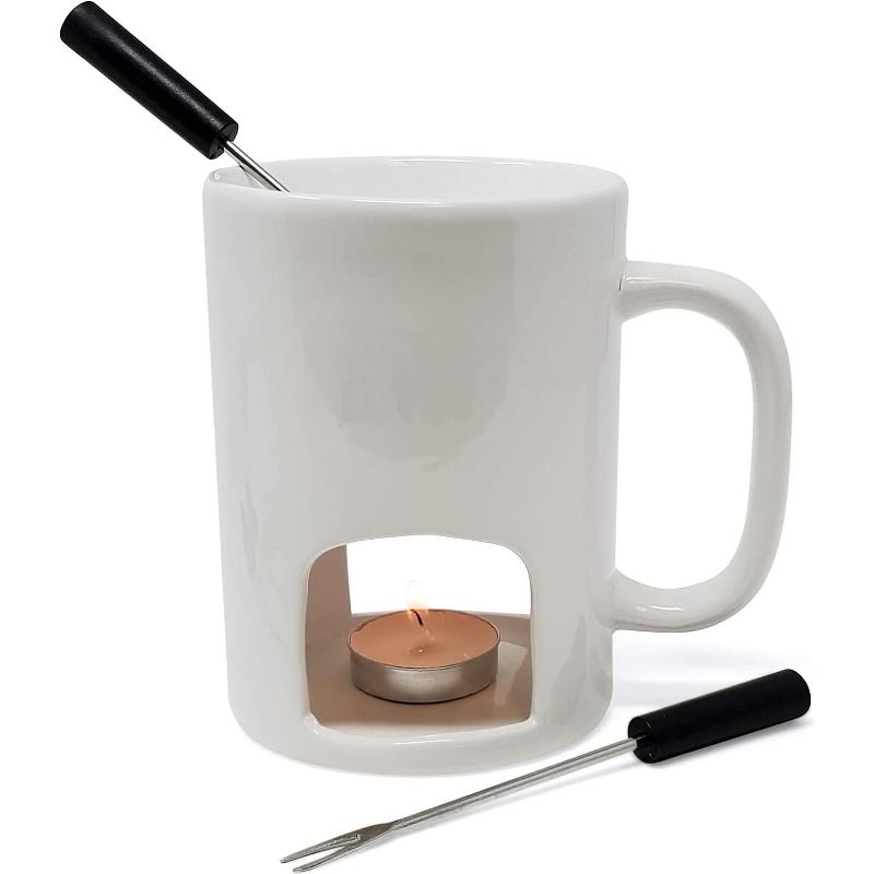 KOVOT Personal Fondue Mugs Set of 2 | Ceramic Mugs for Chocolate or Cheese | Includes Forks and Tealights, 5 of 6