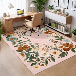 2' x 6' Green Floral Runner Rug, Washable, Low-Pile, Non-Slip, Stain-Resistant, Soft Foldable Ideal for Entryway, Laundry, Bathroom - 1 of 4