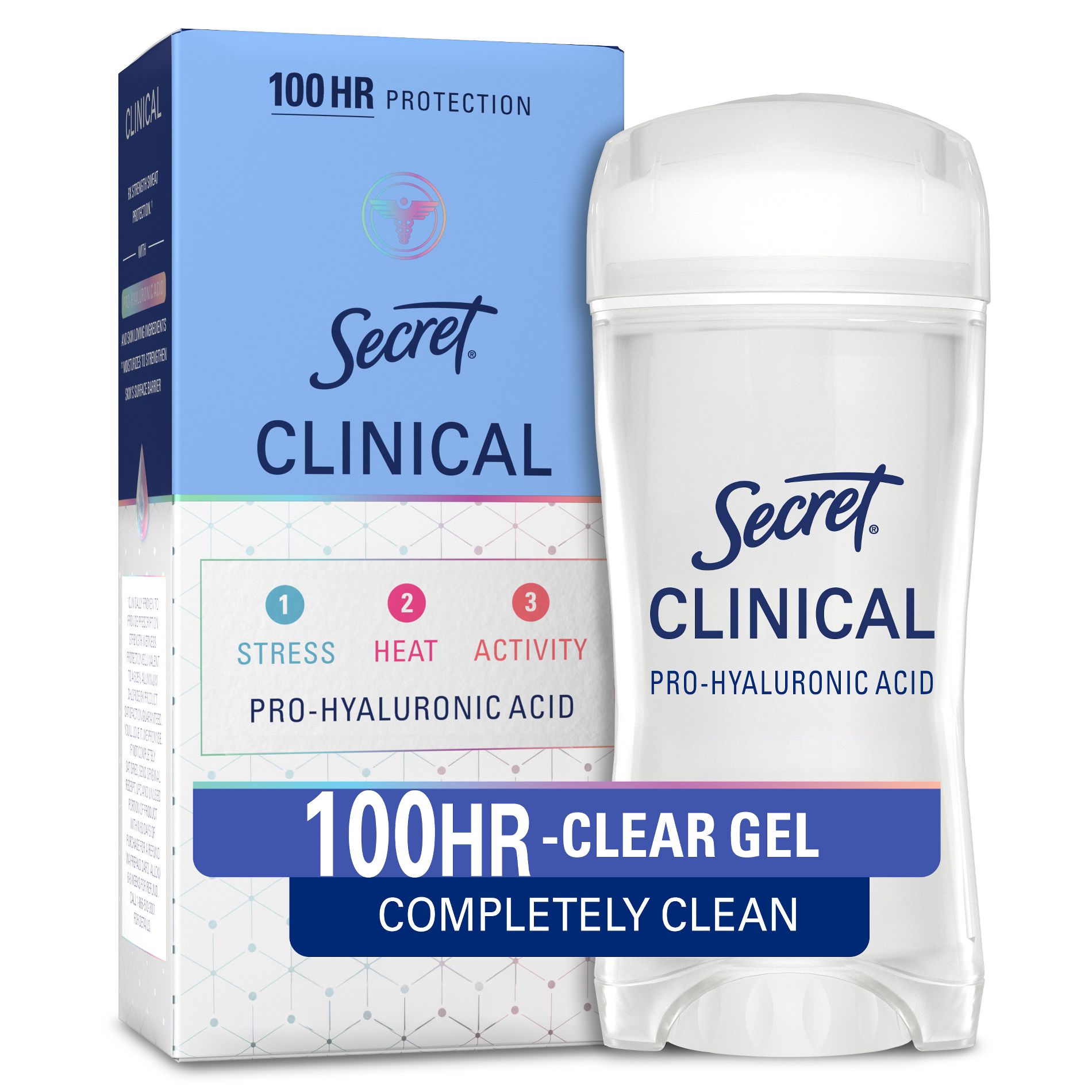 Secret Clinical 100HR Antiperspirant Deodorant for Women, Sweat & Odor Protection, Pro-Hyaluronic Acid, Clear Gel - Completely Clean - 2.6oz