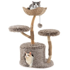 Costway Solid Wood Cat Tree with Well-woven Cattail Basket Luxury Condo Scratching Posts - 1 of 4