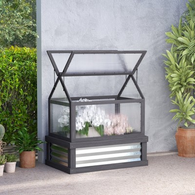 Gray Fir Wood Raised Garden Bed with Polycarbonate Greenhouse
