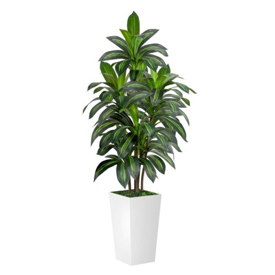 Dracaena Artificial Tree 5ft Tall Pre Potted Dracaena Trees with White Tall Square Planter for Indoor Outdoor Home Office Decor