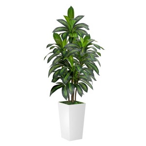 Dracaena Artificial Tree 5ft Tall Pre Potted Dracaena Trees with White Tall Square Planter for Indoor Outdoor Home Office Decor - 1 of 4