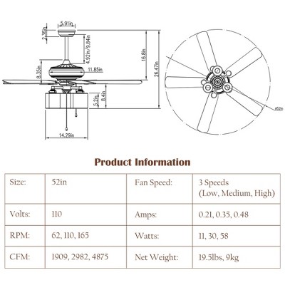 Bronze 52'' Ceiling Fan with Clear Glass Lights and Reversible Wooden Blades