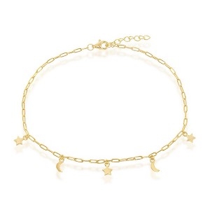 Bella Silver Sterling Silver Moon & Star Charms Paperclip Anklet - Gold Plated - Gold - 9+1 Inch - 1 of 3