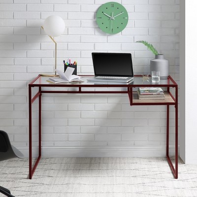 INFURNIC Writing Desk Rectangular Modern Desk with Glass Top and Open Storage Compartment for Stylish Office, Red, 24"*48"*31"