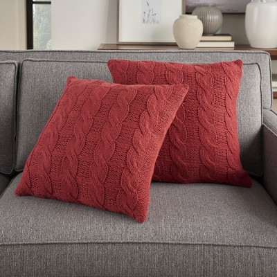 Red Cotton Cable Knit 18" Square Throw Pillow Set of 2