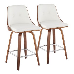 Set of 2 26" Faux Leather Mid-Century Modern Counter Stools with Wood Legs, Round Chrome Footrest, and 360¡ã Swivel for Kitchen - 1 of 4