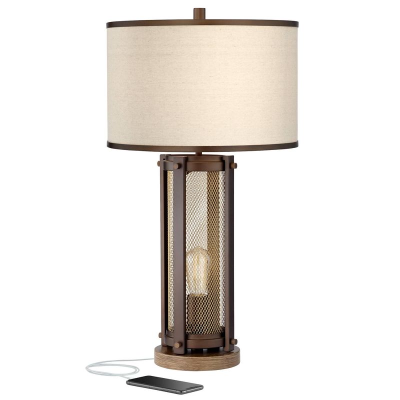 Franklin Iron Works Otto Rustic Farmhouse Table Lamp 28 1/2" Tall Bronze Brass Mesh with USB Charging Port LED Nightlight Beige Drum Shade for Bedroom, 1 of 10
