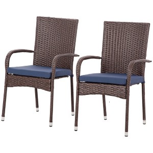 Stackable PE Rattan Outdoor Dining Chairs with Cushion, Patio Wicker Dining Chair with Armrests & Backrest - 1 of 4
