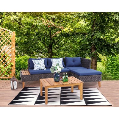 3pc Outdoor Acacia Wood Conversation Set with Sectional Sofa & Cushions - Captiva Designs