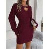 Women's Cute Pullover Sweater Dress Crew Neck Cable Knit Bodycon Mini Short Dresses Solid Hollow Neck Long Lantern Sleeve Dresses - 2 of 4