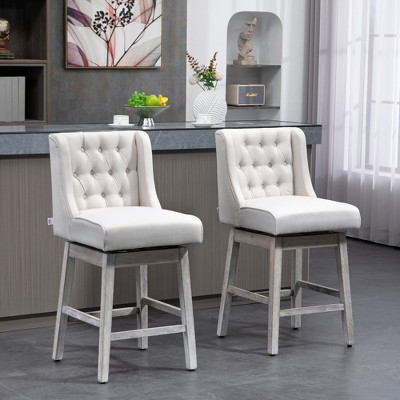 Counter Height Swivel Bar Stools Set of 2, Button Tufted Barstools, Bar Chairs with Solid Wood Footrests, Beige