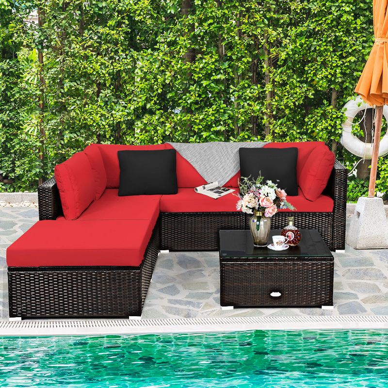 Tangkula 6PCS Patio Rattan Furniture Set Outdoor Sectional Sofa Set w/Coffee Table & Ottoman Black/Navy/Turquoise/Red/Brown, 3 of 7