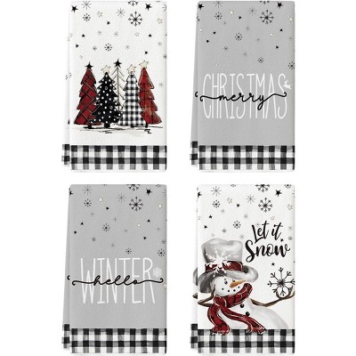 4-Pack Christmas Kitchen Towels with Red Black Buffalo Plaid Design, Seasonal Winter Decoration Han