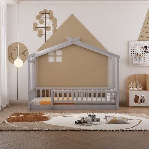 CAVINAS Twin Size Bed Frame, Wood Bed House Bed Frame with Fence, House-Shaped Floor Bed for Kids, Teens, Girls, Boys, Floor Platform Bed - 1 of 4
