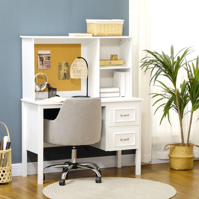 HOMCOM Computer Desk with Drawers & Shelves, Home Office Desk with Storage & Corkboard, Workstation Table with Cable Hole, White, 2 of 7