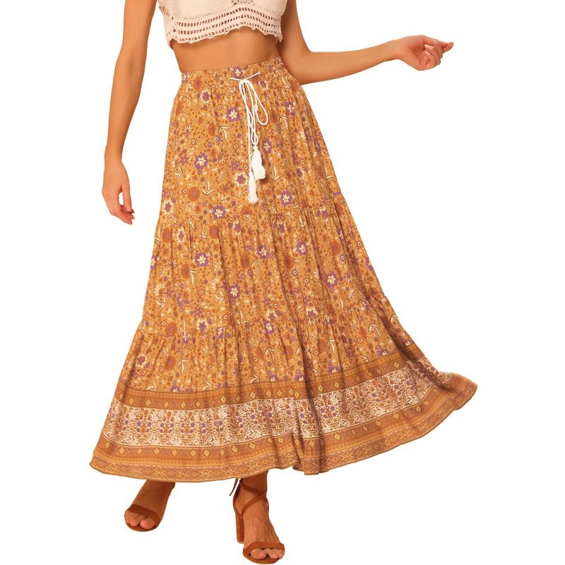 Allegra K Women's Summer Floral Boho Tassels Elastic Waist Casual Maxi Skirts, 1 of 6