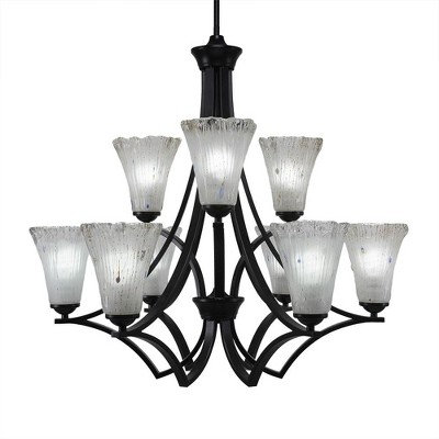 Toltec Lighting Zilo 9 - Light Chandelier in  Matte Black with 5.5" Fluted Frosted Crystal Shade