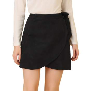 Allegra K Women's Faux Suede Tie Waisted A-Line Wrap Mini Short Skirt Black X-Small