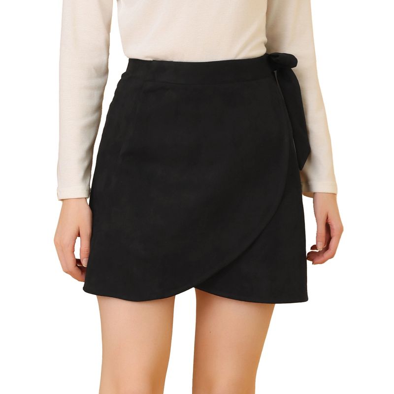 Allegra K Women's Faux Suede Tie Waisted Side Zipper A-Line Wrap Mini Short Skirt, 1 of 7