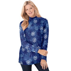Woman Within Plus Size Perfect Printed Long-Sleeve Mockneck Tee - 1 of 4