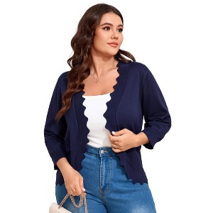 Clearlove Women's Plus Size 3/4 Sleeve Open Front Cropped Cardigan Lightweight Hollow Out Knit Shrug - 1 of 4