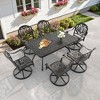 7-Piece Rectangle Cast Aluminum Outdoor Patio Dining Set with Swivel Chairs & Brown Cushions & Umbrella Hole - 3 of 4