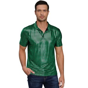 Clearlove Shirts Shiny Sequins Short Sleeve Party Polo Shirt Hipster Nightclub Prom Costume T-Shirt Men's 70s - 1 of 4