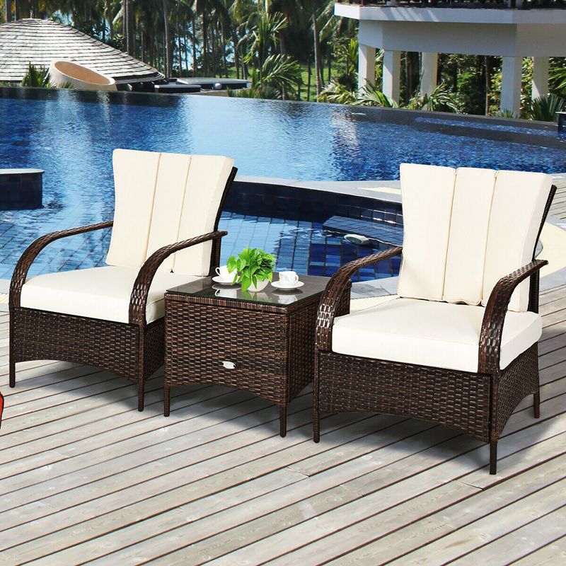 Costway 3 PCS Patio Rattan Furniture Set Coffee Table & 2 Rattan Chair W/White Cushions, 4 of 11