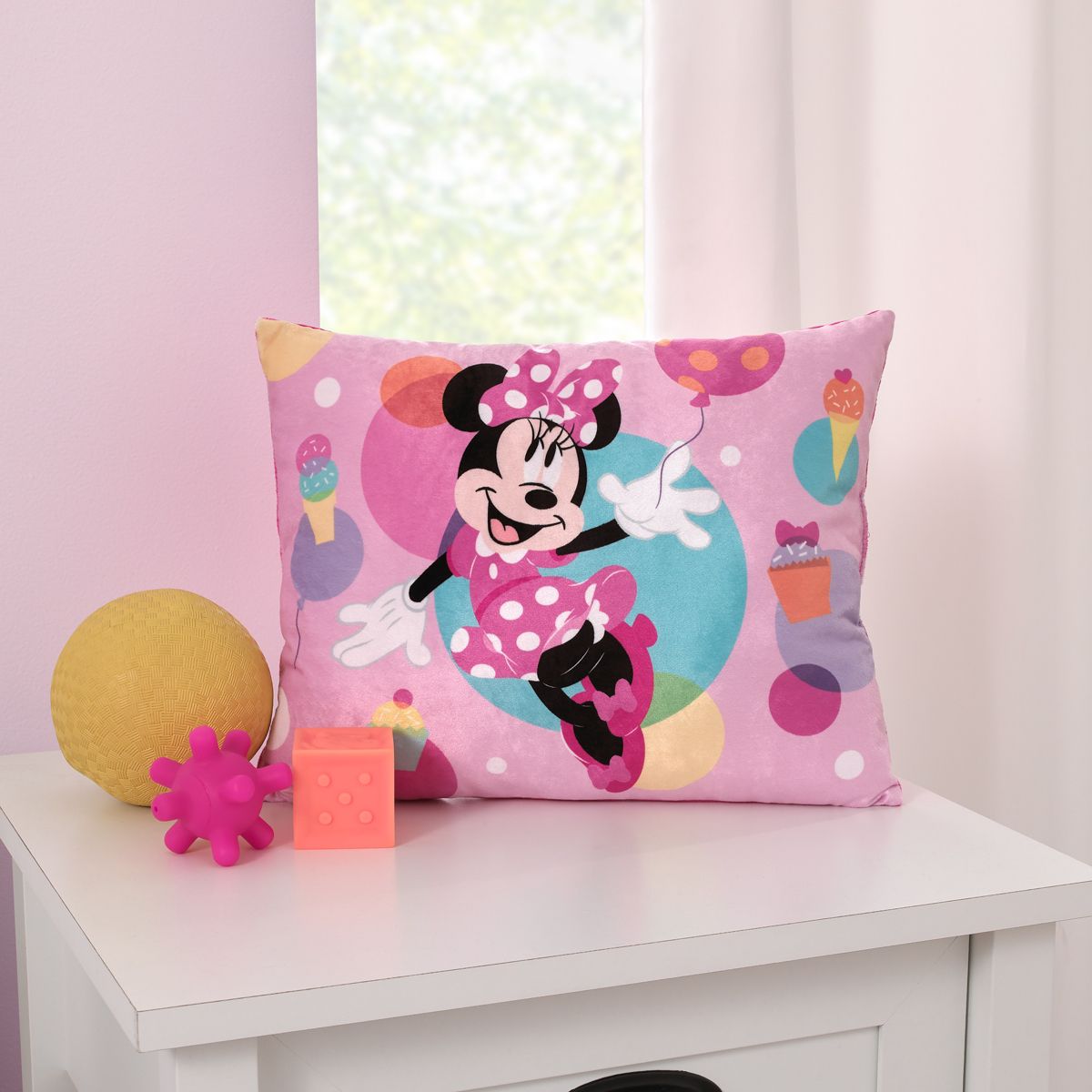 NoJo Disney Minnie Mouse Let's Party Pink, Turquoise, Lavender, and Yellow Balloons, Ice-cream Cones, and Cupcakes Plush Toddler Pillow - thumbnail 4