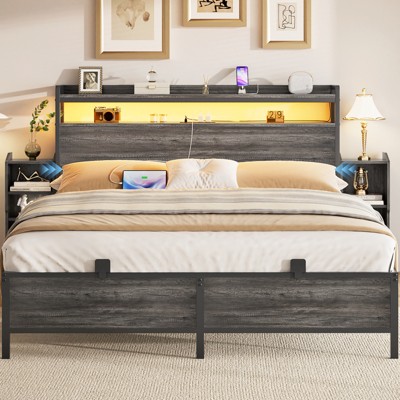 Aheaplus Full Bookcase Bed with Storage Slide Bedside Shelf and Charging Station & LED Light
