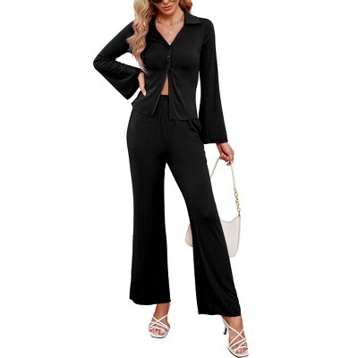 Womens 2 Piece Pleated Pants Sets Long Sleeve Button Shirt Blouse with Wide Pajama Pants Loungewear