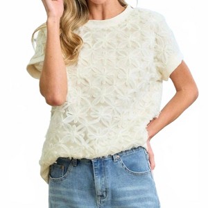 Women's 3d Floral Short Sleeve Top - First Love - 1 of 3